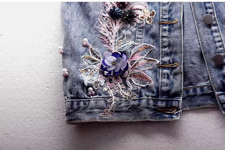 Дамски дънков елек Pearls & Embroidered Flower 24'-Дамски дънков елек Pearls & Embroidered Flower 24'-Thedresscode