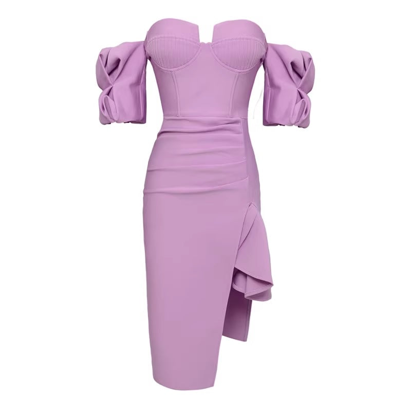 Дамска бандажна миди рокля lilac FW 2026-Дамска бандажна миди рокля lilac Puff Sleeves 24'-Thedresscode