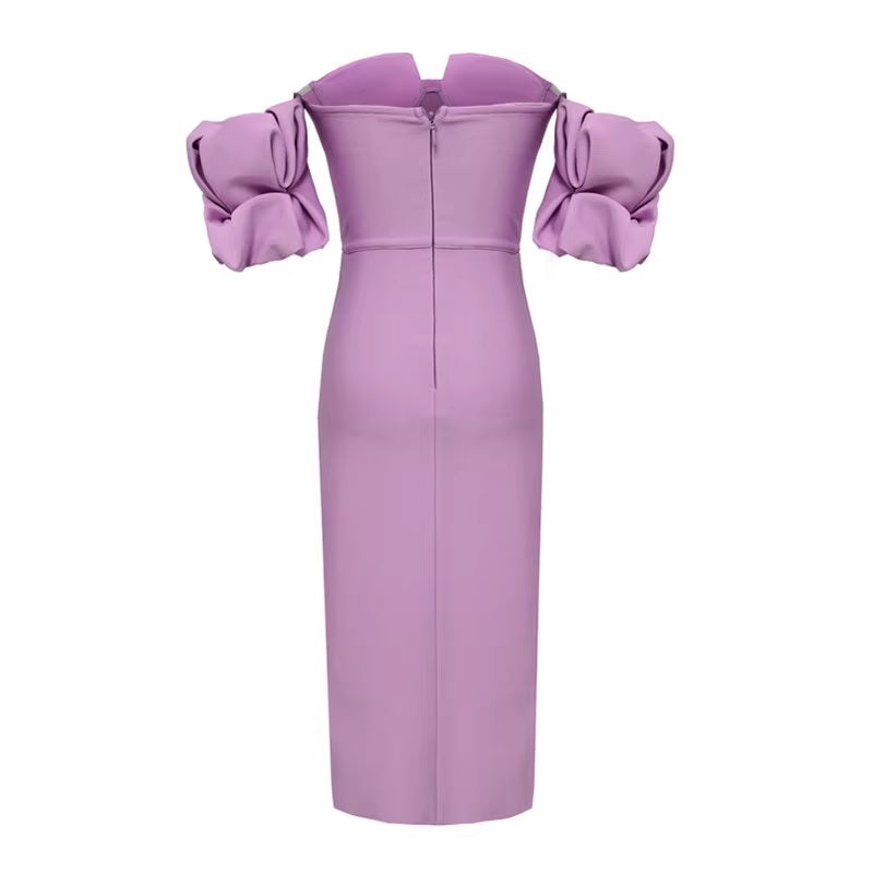 Дамска бандажна миди рокля lilac FW 2026-Дамска бандажна миди рокля lilac Puff Sleeves 24'-Thedresscode