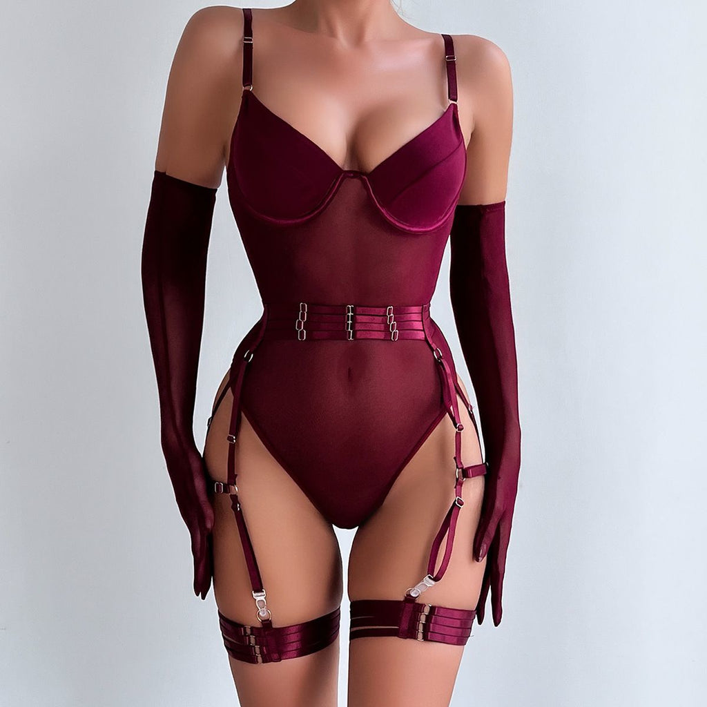 Дамско бельо тип боди с жартиери Burgundy Muse SS26
