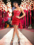 Дамска рокля Red Rosel FW 2026-Асиметрична дантелена мини рокля Red Rosel 24'-Thedresscode
