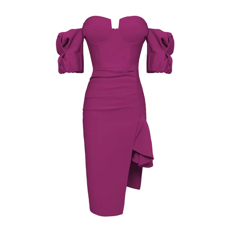 Дамска бандажна миди рокля Purple Puff Sleeves 24'-Дамска бандажна миди рокля Purple Puff Sleeves 24'-Thedresscode