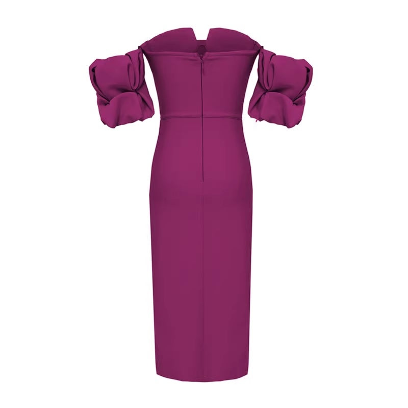 Дамска бандажна миди рокля Purple Puff Sleeves 24'-Дамска бандажна миди рокля Purple Puff Sleeves 24'-Thedresscode