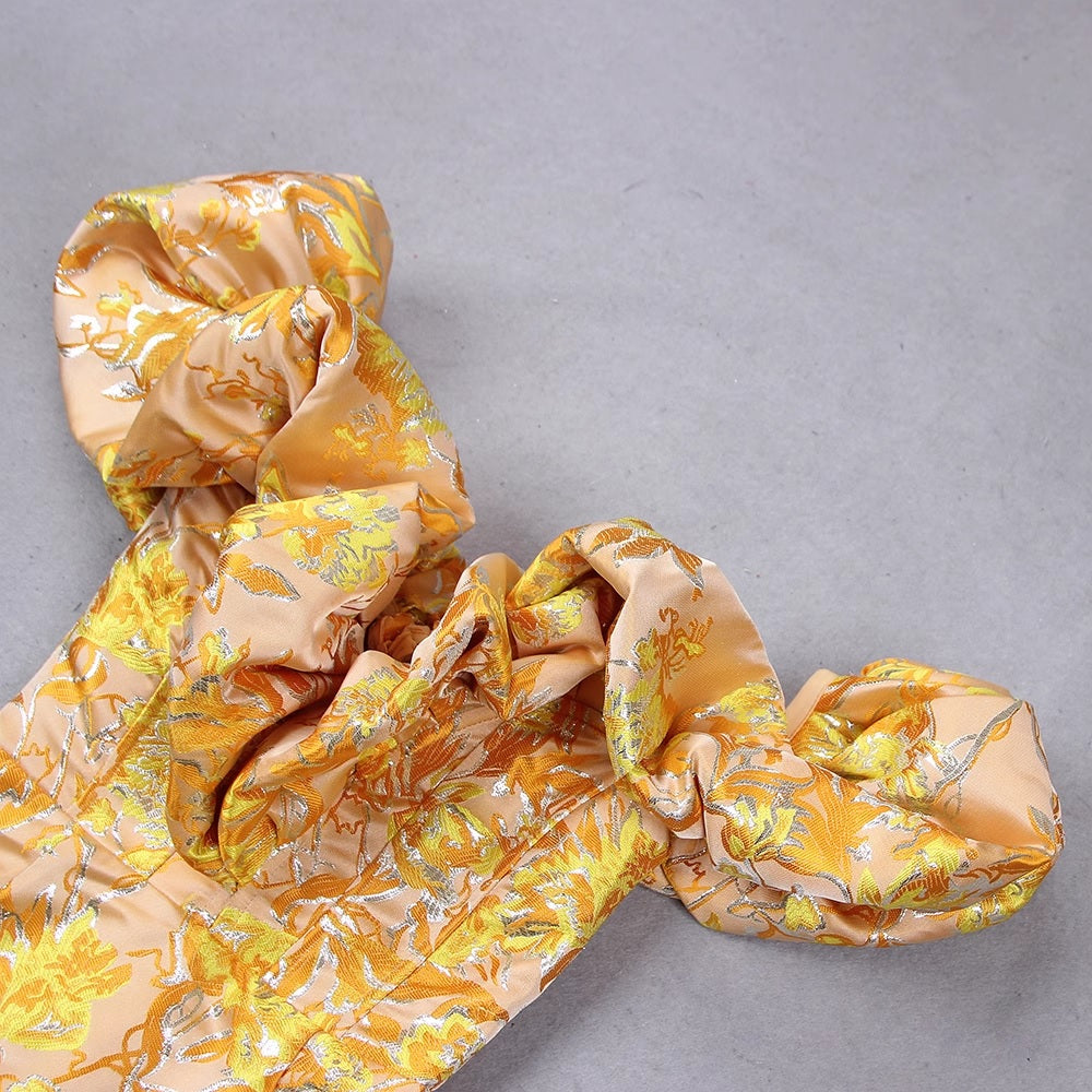 Миди рокля с отворени рамене Yellow & Gold Flowers 24'-Миди рокля с отворени рамене Yellow & Gold Flowers 24'-Thedresscode