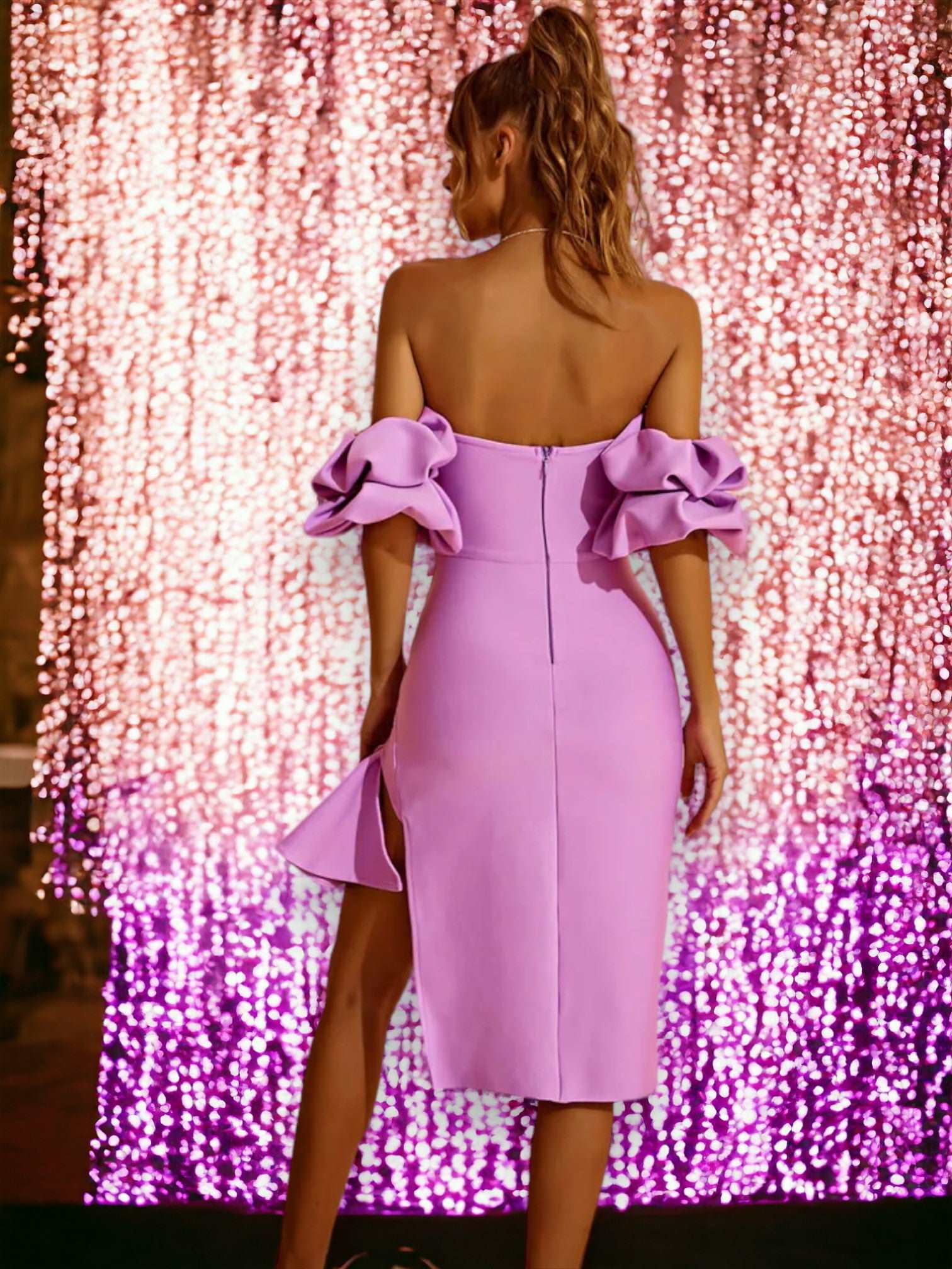 Дамска бандажна миди рокля lilac Puff Sleeves 24'-Дамска бандажна миди рокля lilac Puff Sleeves 24'-Thedresscode