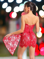 Дамска рокля Red Rosel FW 2026-Асиметрична дантелена мини рокля Red Rosel 24'-Thedresscode