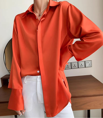 Дамска сатенена риза Orange Loose Fit 24'-Дамска сатенена риза Orange Loose Fit 24'-Thedresscode