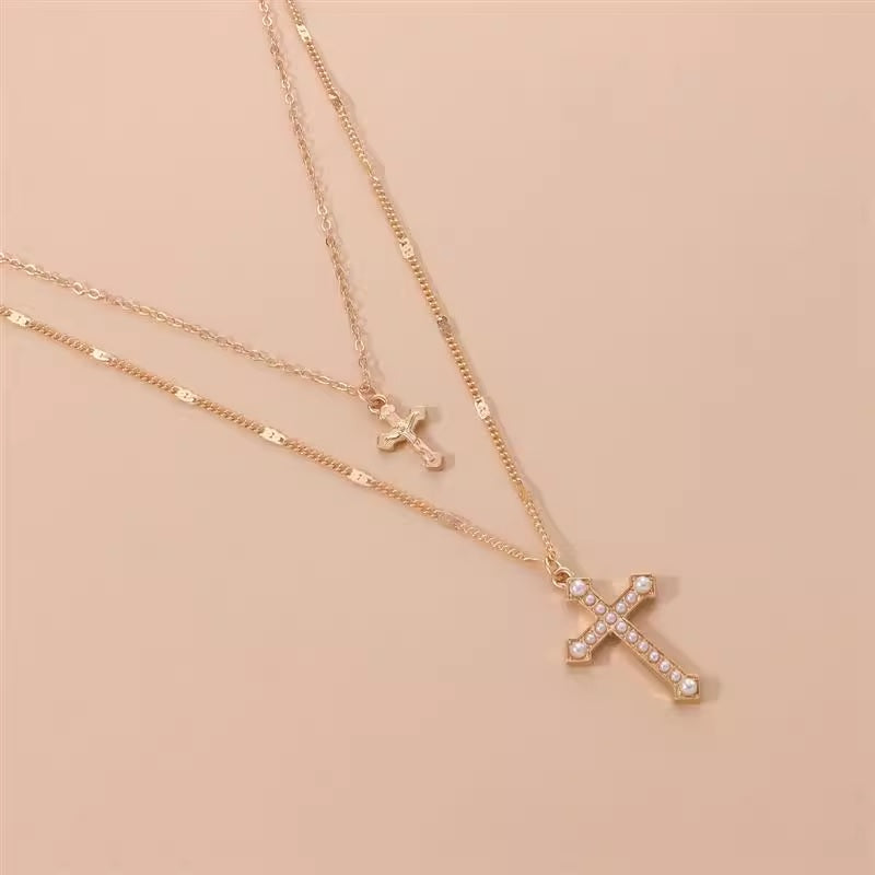 Дамско колие Double Golden Cross 24'-Дамско колие Double Golden Cross 24'-Thedresscode