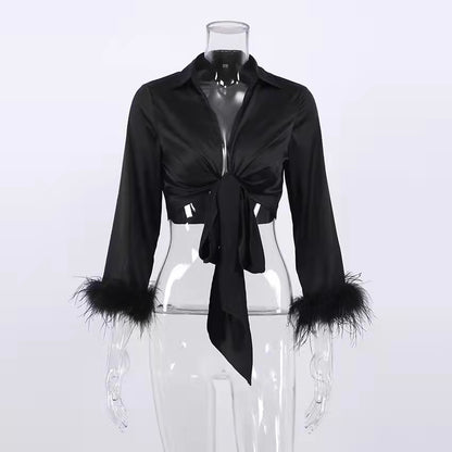 Дамска риза Satin Black Feathers 24'-Дамска риза Satin Black Feathers 24'-Thedresscode