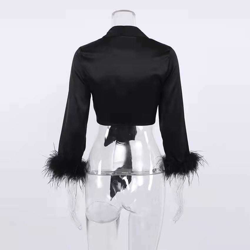 Дамска риза Satin Black Feathers 24'-Дамска риза Satin Black Feathers 24'-Thedresscode