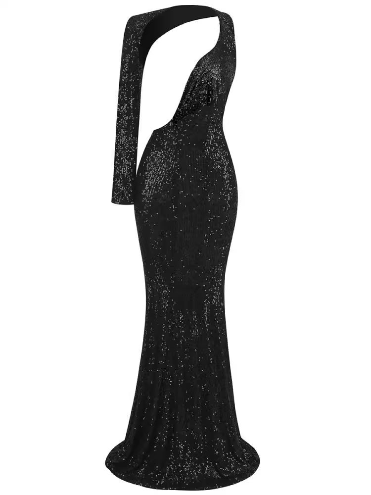 Макси рокля с един ръкав Black Sequins FW 2026-Макси рокля с един ръкав Black Sequins 24'-Thedresscode