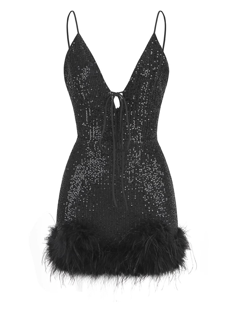 Мини рокля с пайети и пера Black Ivi FW 2026-Мини рокля с пайети и пера Black Ivi 24'-Thedresscode