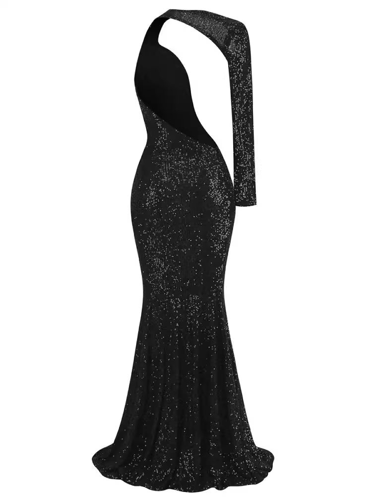 Макси рокля с един ръкав Black Sequins FW 2026-Макси рокля с един ръкав Black Sequins 24'-Thedresscode