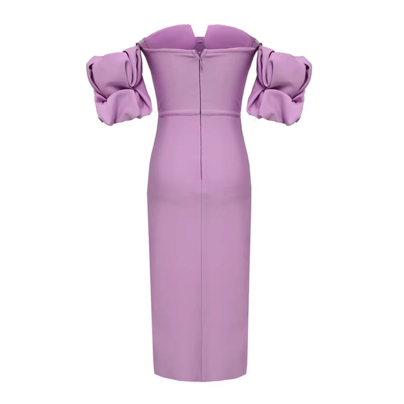 Дамска бандажна миди рокля lilac Puff Sleeves 24'-Дамска бандажна миди рокля lilac Puff Sleeves 24'-Thedresscode