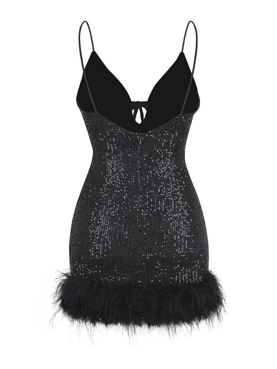 Мини рокля с пайети и пера Black Ivi FW 2026-Мини рокля с пайети и пера Black Ivi 24'-Thedresscode