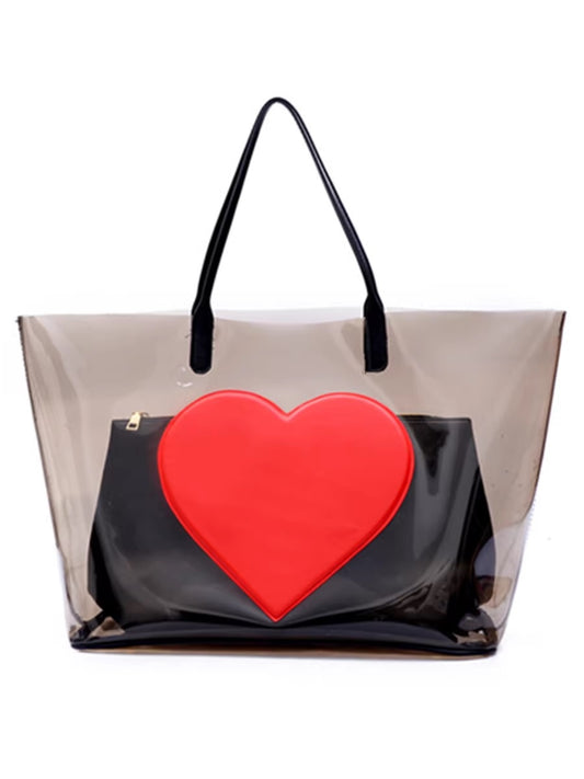 Прозрачна дамска чанта+несесер PVC Red Heart 24'-Прозрачна дамска чанта+несесер PVC Red Heart 24'-Thedresscode