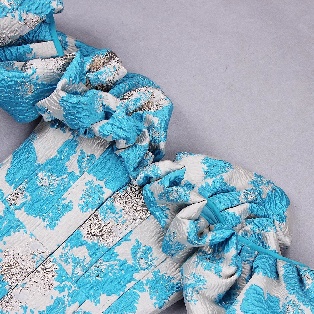 Миди рокля с отворени рамене Blue & Gold Flowers 24'-Миди рокля с отворени рамене Blue & Gold Flowers 24'-Thedresscode