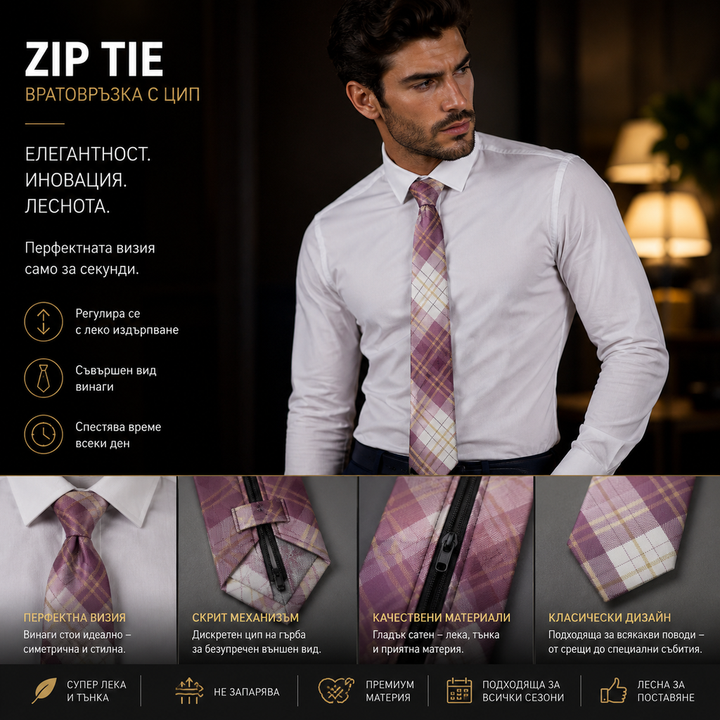 Мъжка вратовръзка с цип ZIP Rose SS26