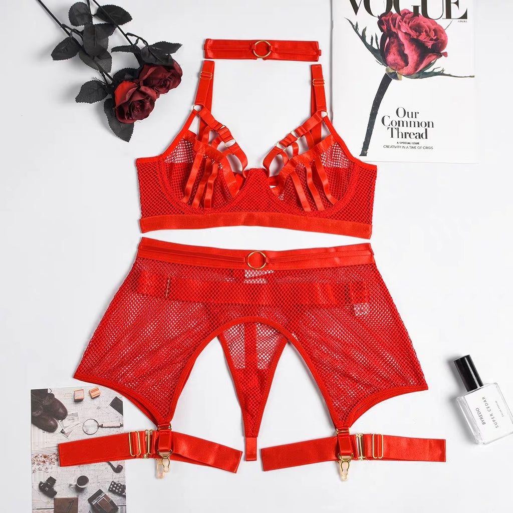 Дамски комплект Sexy Mesh SS24'-red edt. SS25-Дамски комплект от три части Sexy Mesh SS24'-Thedresscode