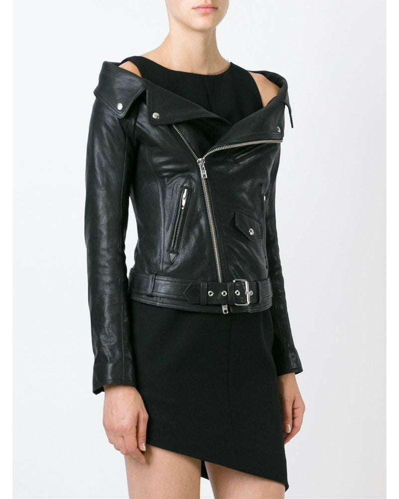 Дамско кожено яке с голи рамене SALE 25-Thedresscode