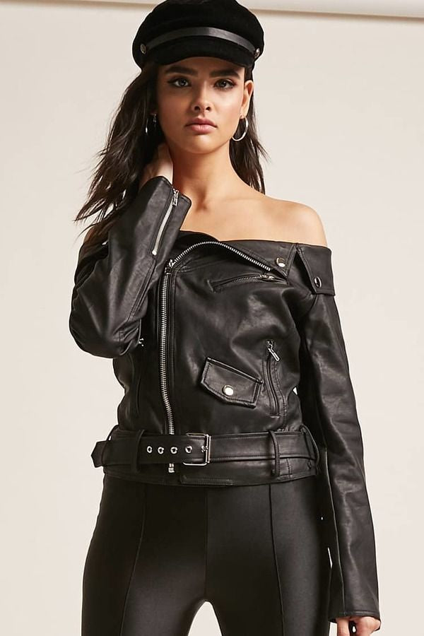 Дамско кожено яке с голи рамене SALE 25-Thedresscode