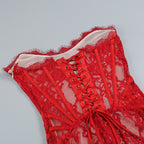Дамска рокля Red Rosel FW 2026-Асиметрична дантелена мини рокля Red Rosel 24'-Thedresscode