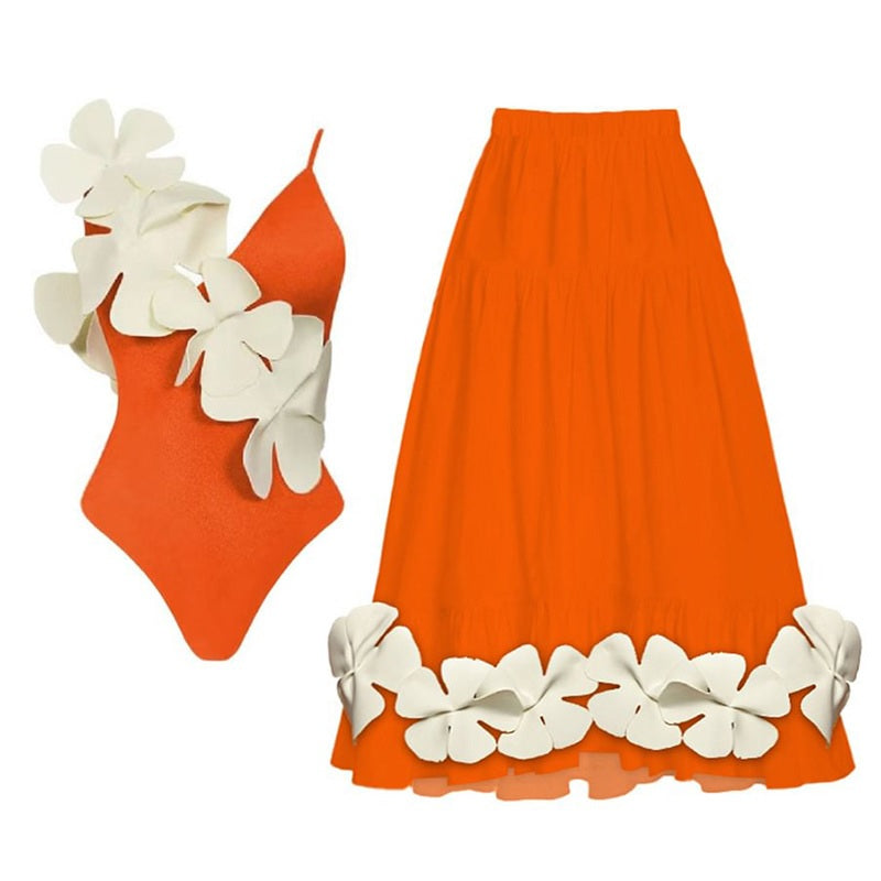 Women's swimsuit + beach skirt White Flowers SS23 – Thedresscode