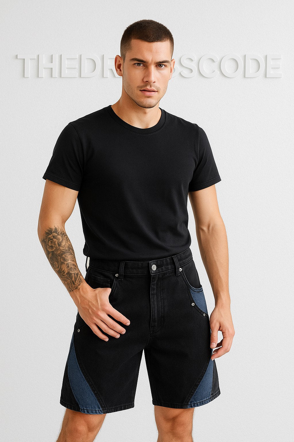 Мъжки къси дънки Black Contrast Panel SS26-Thedresscode