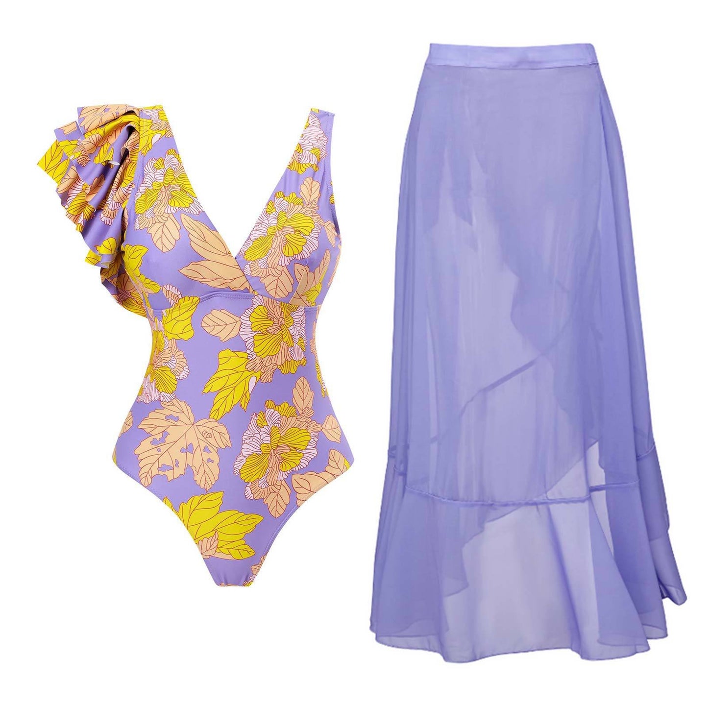 Дамски бански + плажна пола Wonderful purple leaves-Thedresscode